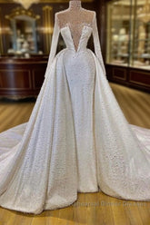 Amazing High Neck Long Sleeves Pearls Wedding Dresses With Detachable Skirt